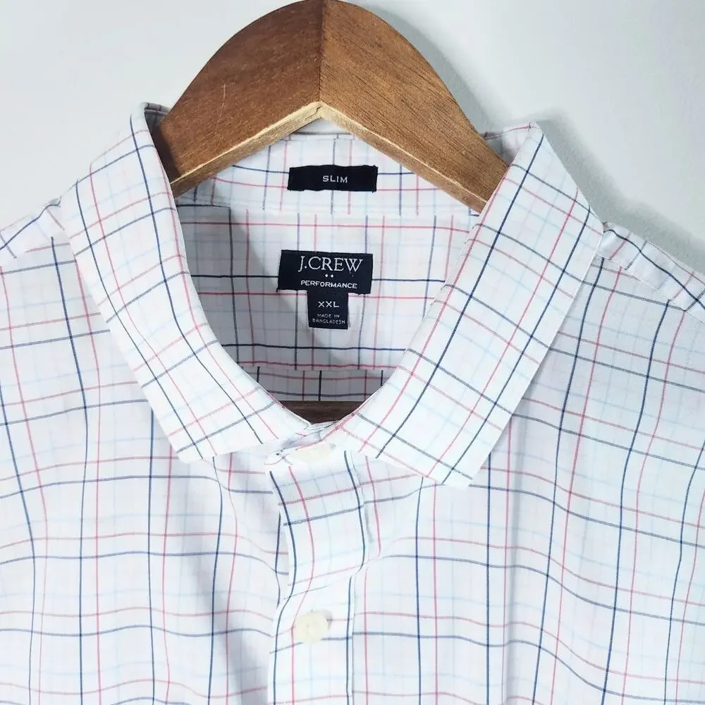 J. Crew Mens Performance Slim White Tattersall Button Up Shirt Preppy Size XXL